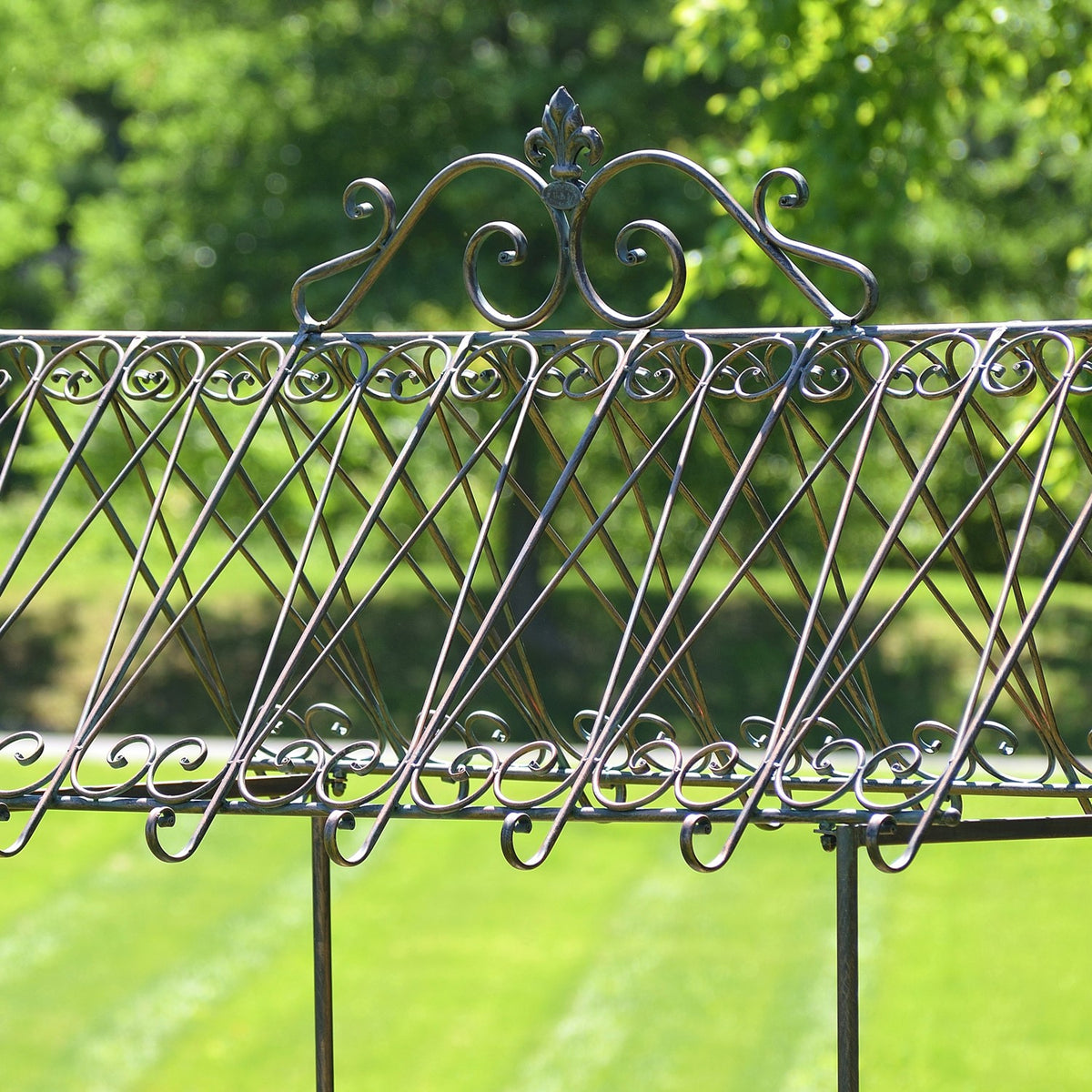 Close-up of the cart’s iron canopy with crossed rods, curled accents, and a fleur-de-lis finial.