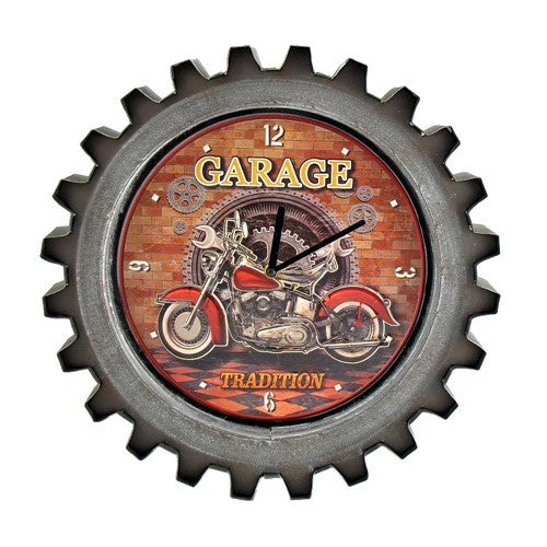 A gear-edged clock with a red motorcycle illustration over a brick-patterned dial.