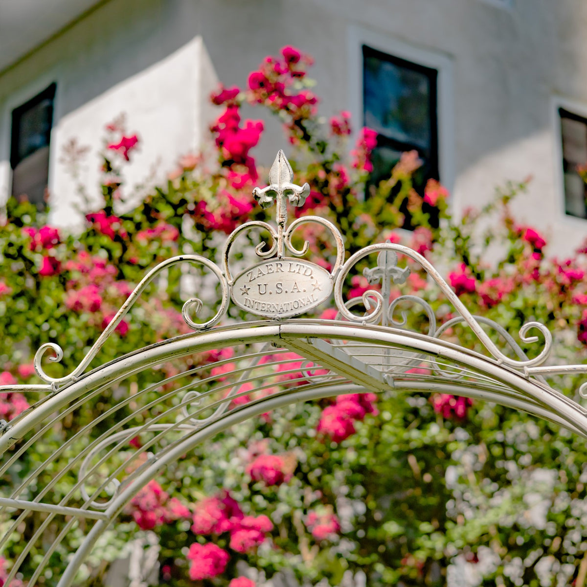 Detailed view of the iron arch crest and curved top rails outdoors