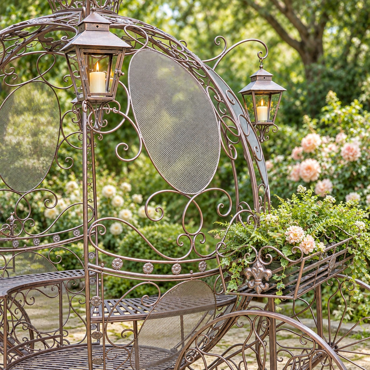 Close-up of an iron carriage lantern, curved frame and planter filled with flowers