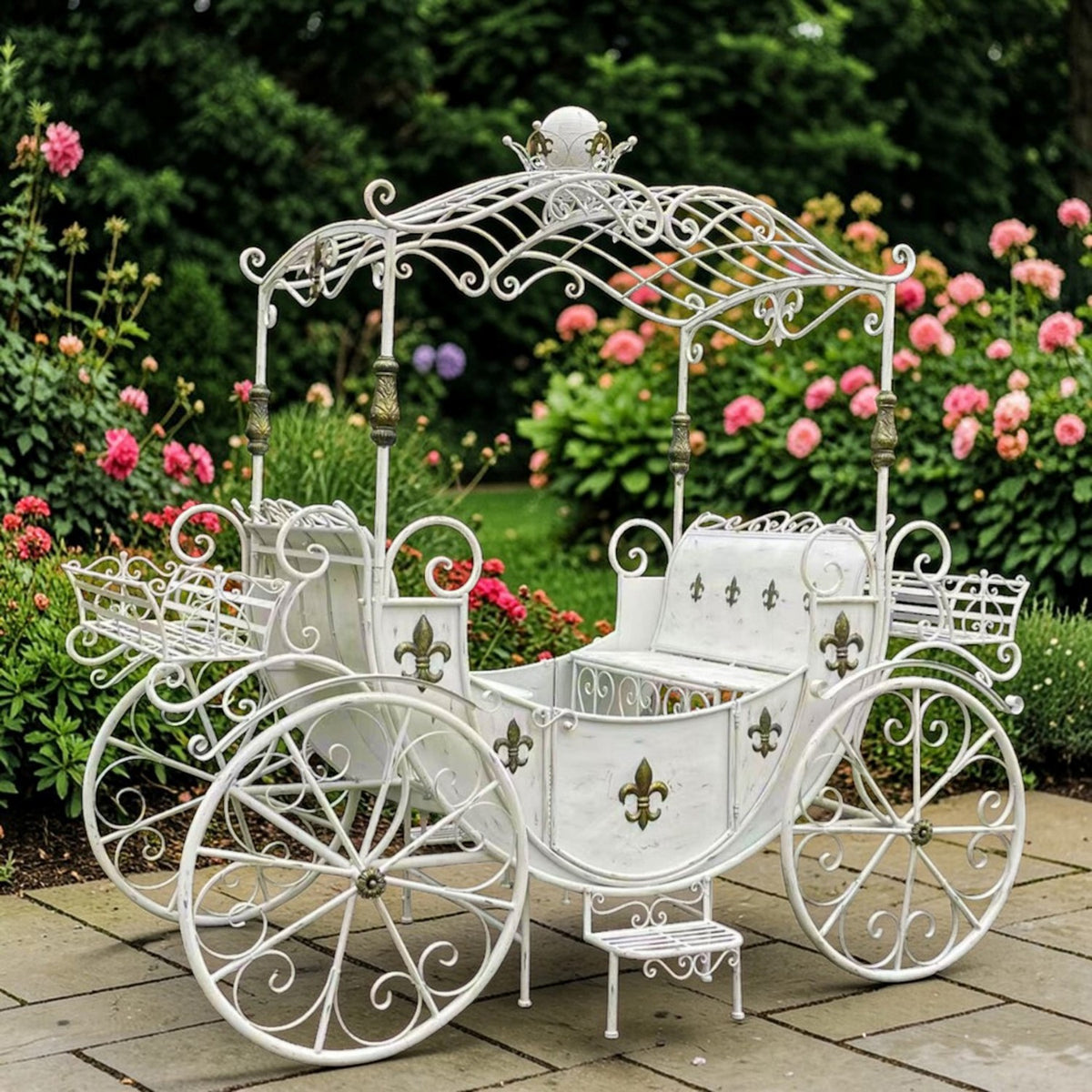 Antique white iron carriage with ornate canopy and planters, angled view among flowers