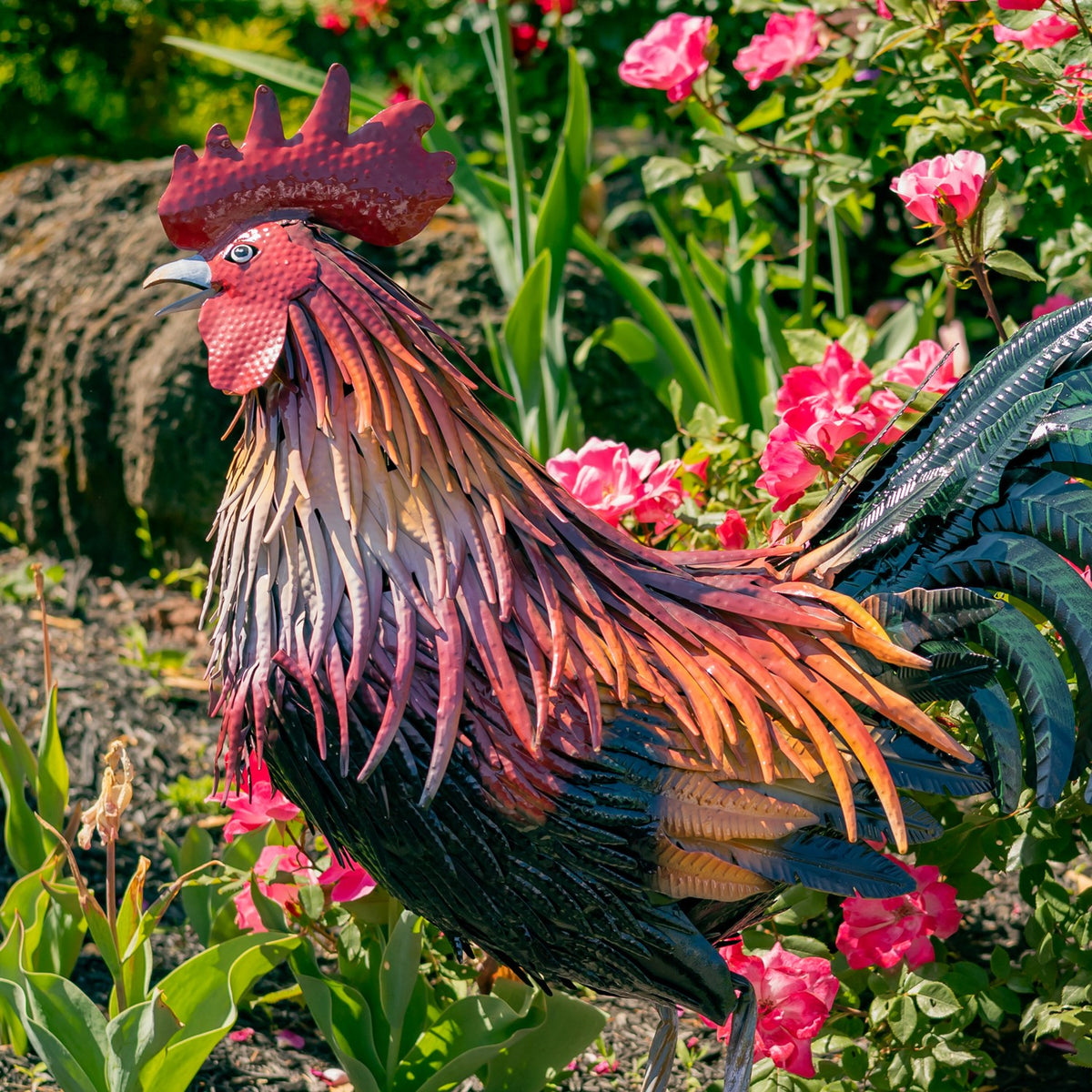 28" Tall Painted Iron Rooster Decoration "Leopold"