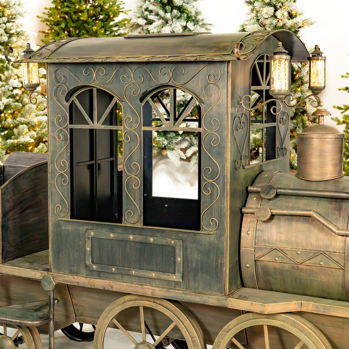 Train cabin side with arched windows and illuminated hanging lanterns