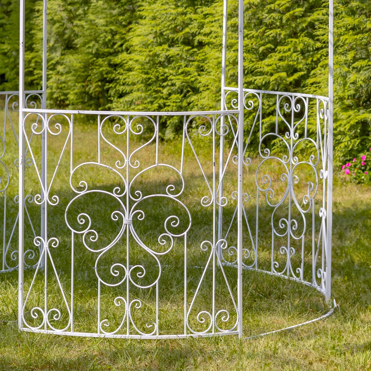 Close view of the gazebo's decorative lower iron railing panels
