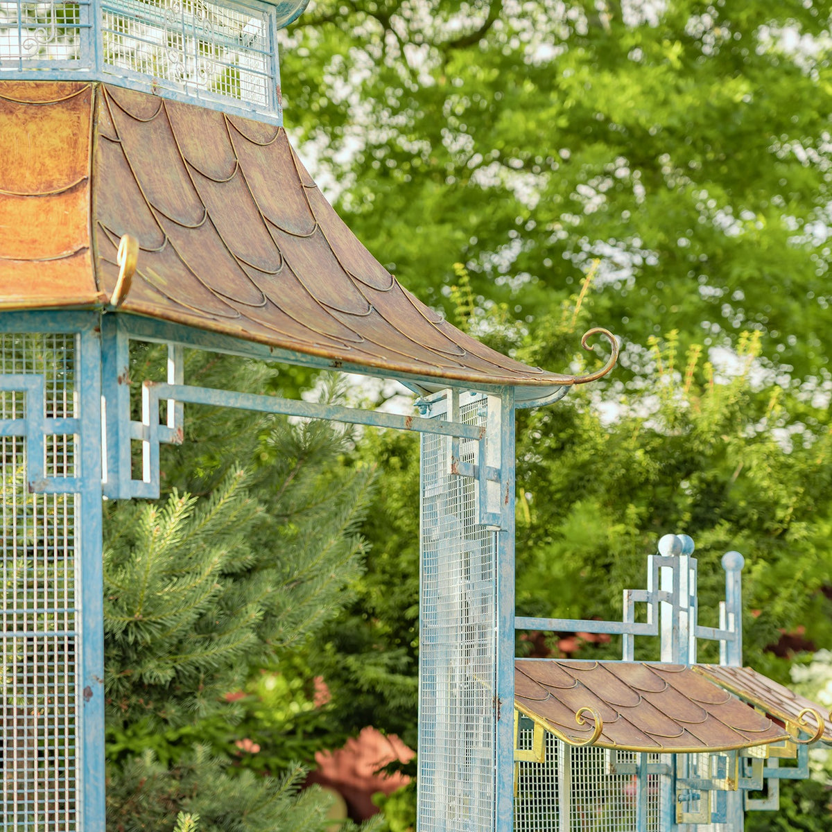 16ft. Long Pagoda Style Iron Garden Gate with Four Rectangular Planters in Soft Blue-Cream-Gold "Batumi"