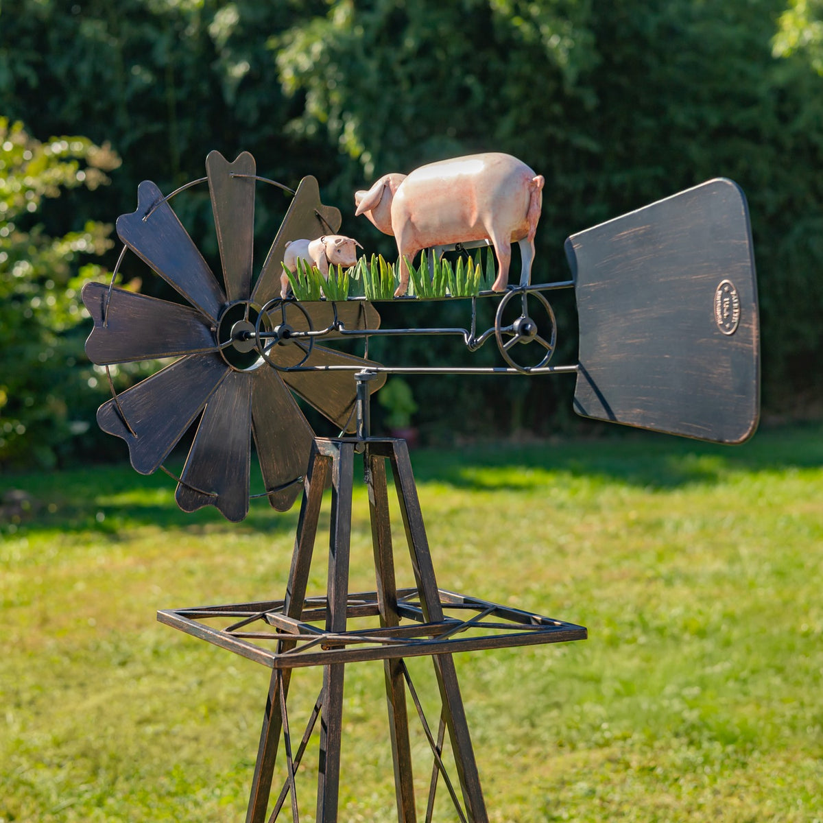 59.8" Tall Iron Windmill with Pig Family on Weather Vane