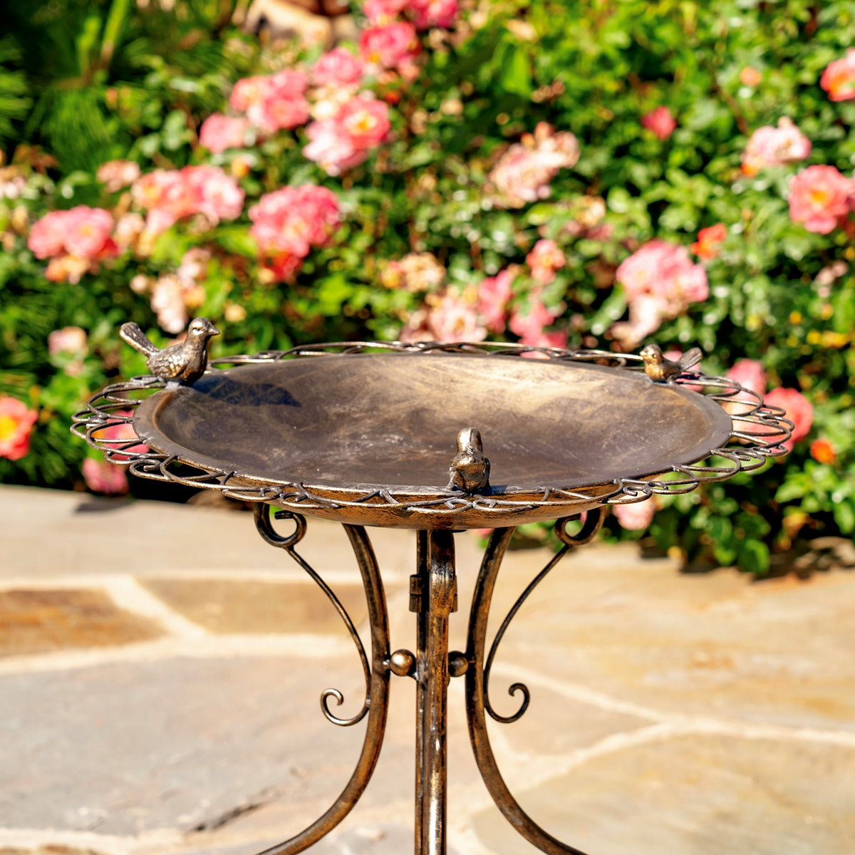 Ornate iron birdbath with three small bird figures around the rim, set before flowering shrubs.