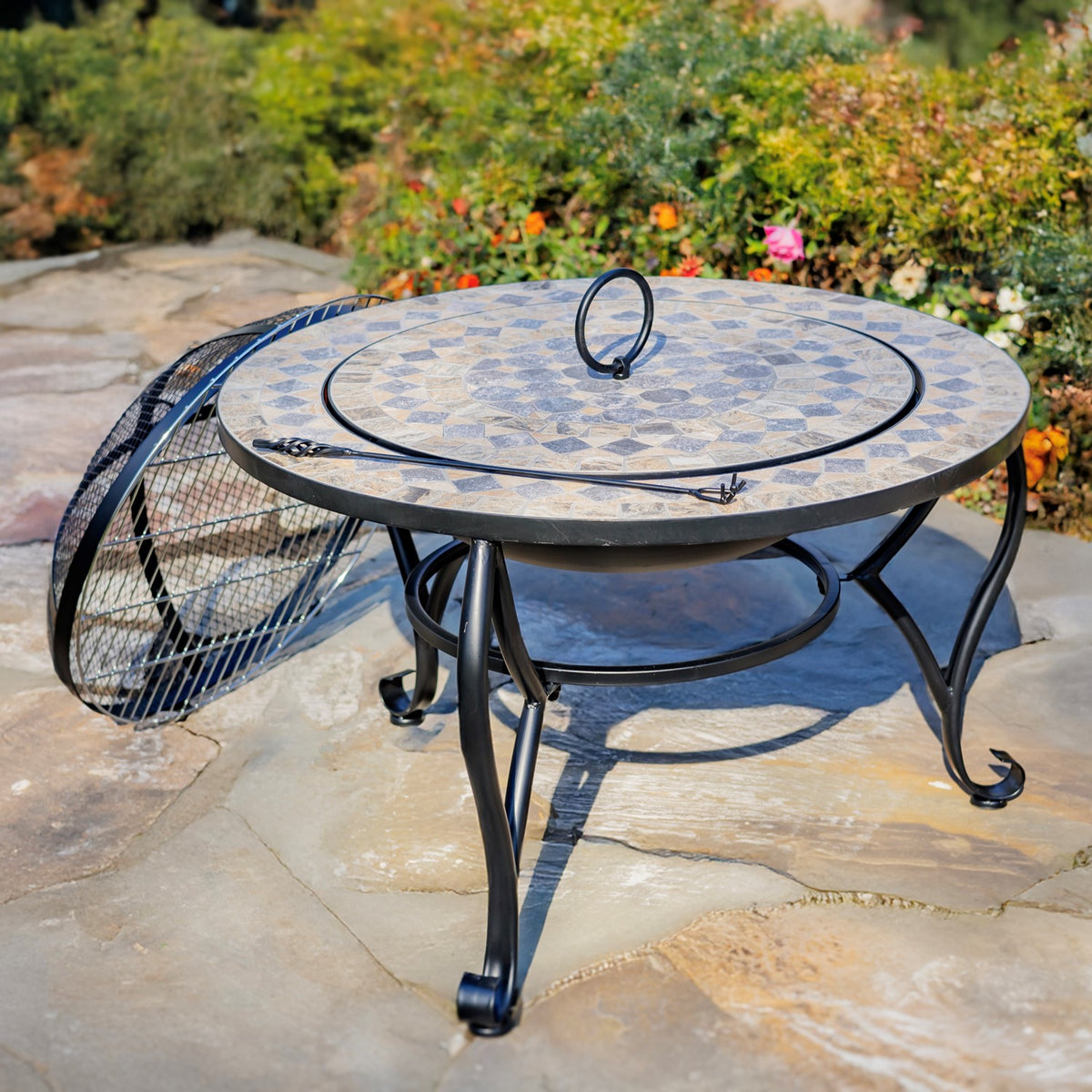 32.6"d. Round Mosaic Tile Metal Fire Pit "Aspen" "Medora"