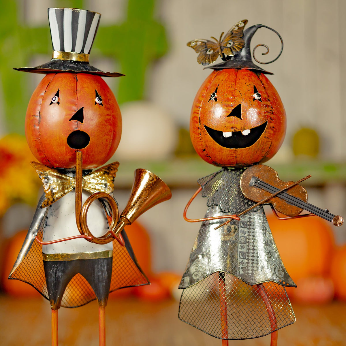 Set of 2 Metal Jack-O-Lantern Musician Couple