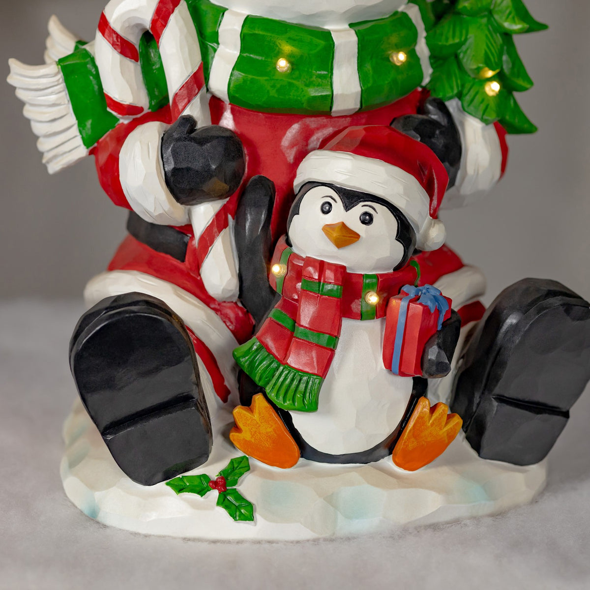 Close-up of the penguin with a wrapped present between the snowman's black boots on a snowy base.