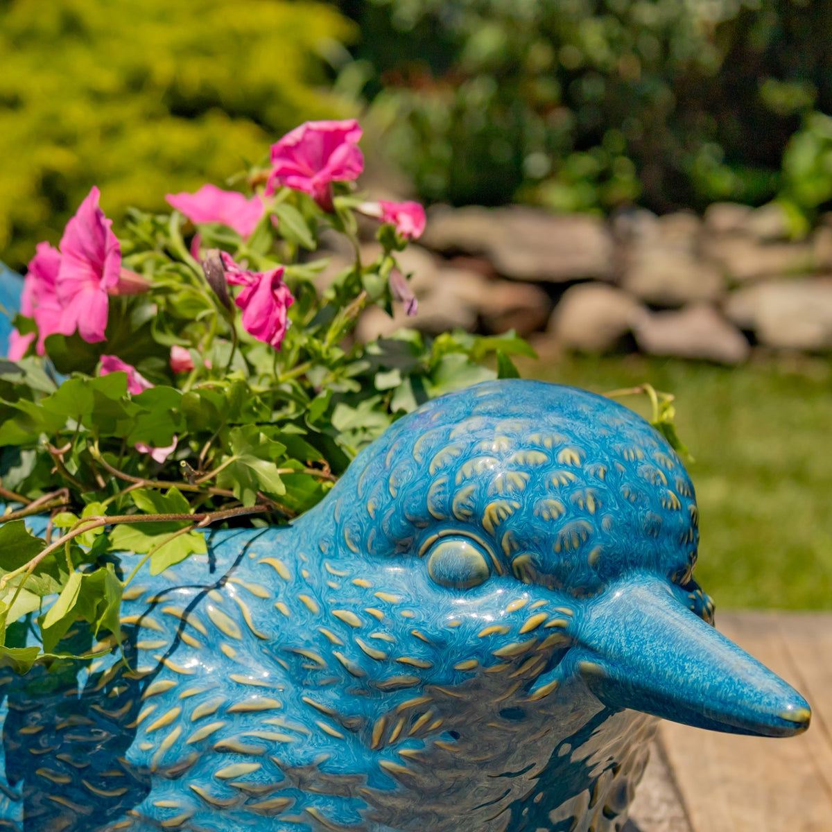 17.5" Hand Painted Ceramic Bird Planter in Blue