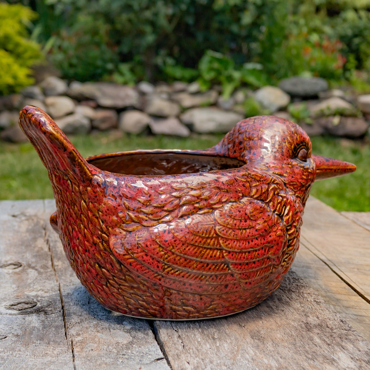 17.5" Hand Painted Ceramic Bird Planter in Red