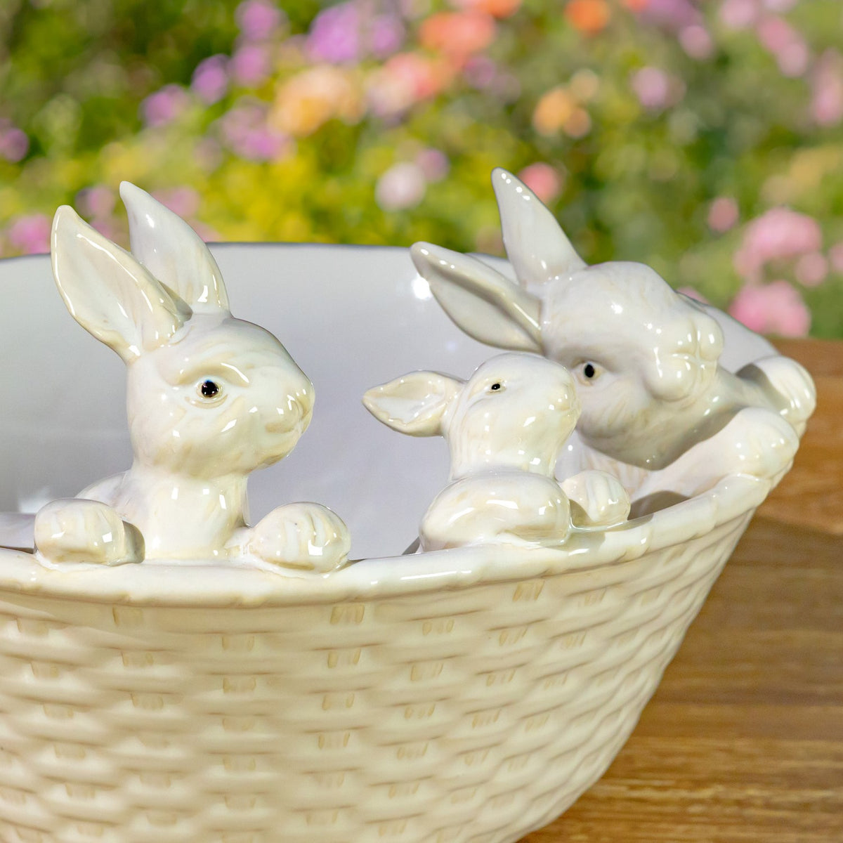 12" Ceramic Oval Basin with Peeping Bunnies "White Rabbit"