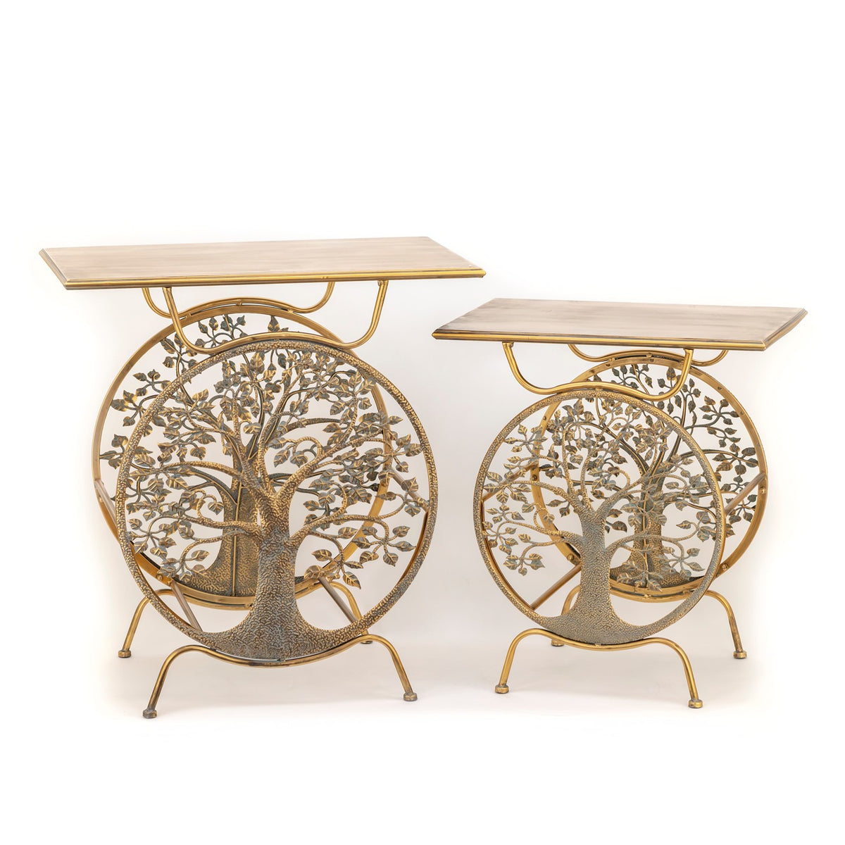 Two matching gold plant stands in different sizes displayed against a plain white background.