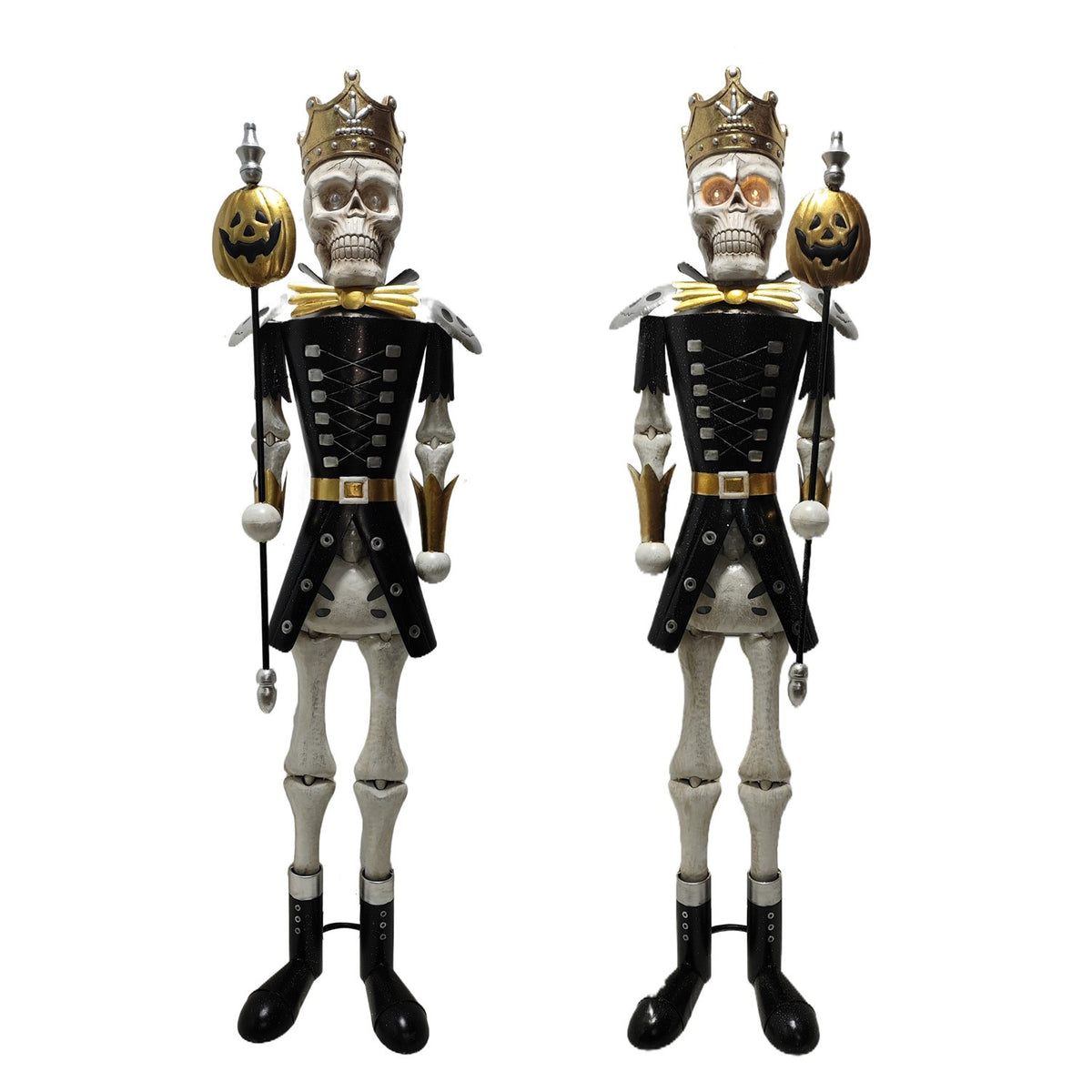 Pair of full standing skeleton sentries shown against a white background