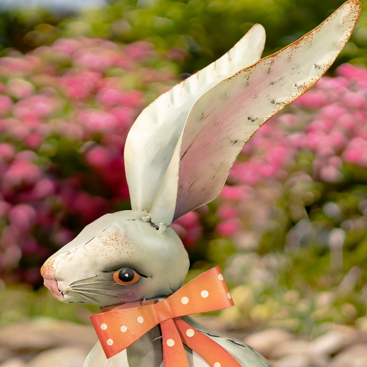 Close-up of a rabbit’s weathered face, upright ears, and orange dotted bow against a garden backdrop.