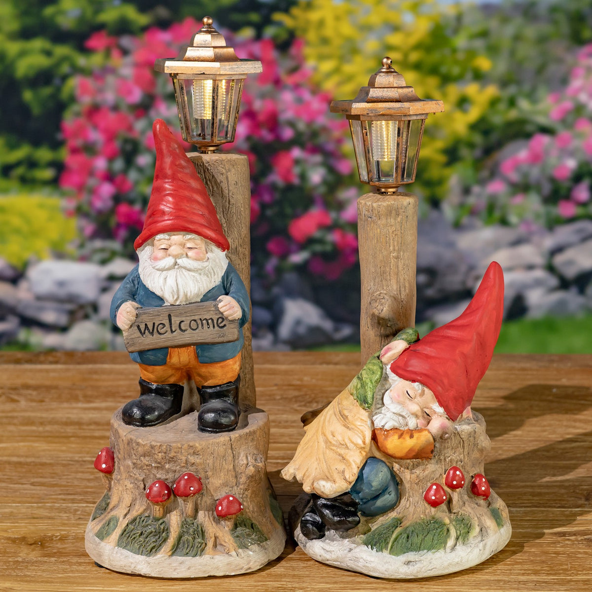 Set of 2 Assorted Sleepy Woodland Gnomes with Solar LED Lanterns "Gnorman & Gnolan"