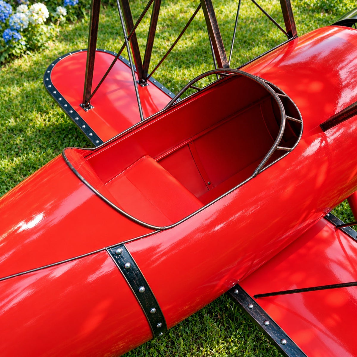 Open cockpit in the glossy red biplane, viewed from above