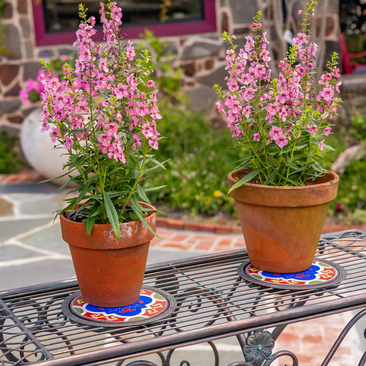 Two terracotta flower pots sit on colorful circular mosaic tiles set into the iron table top.