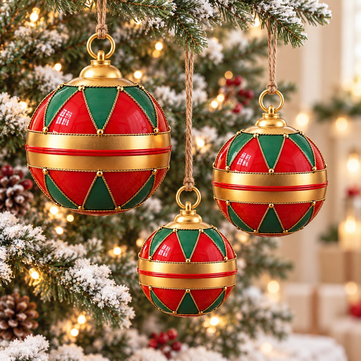 Three red and green paneled bauble ornaments hang from a snow-dusted Christmas tree.