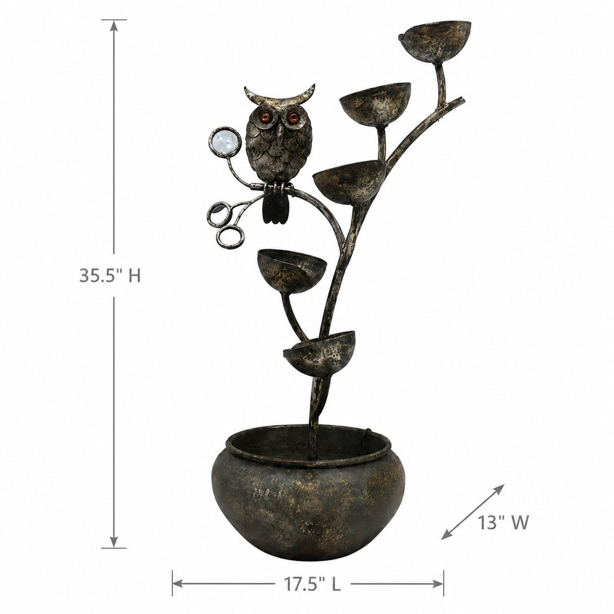 Fountain shown with arrows indicating its height, length, and width.