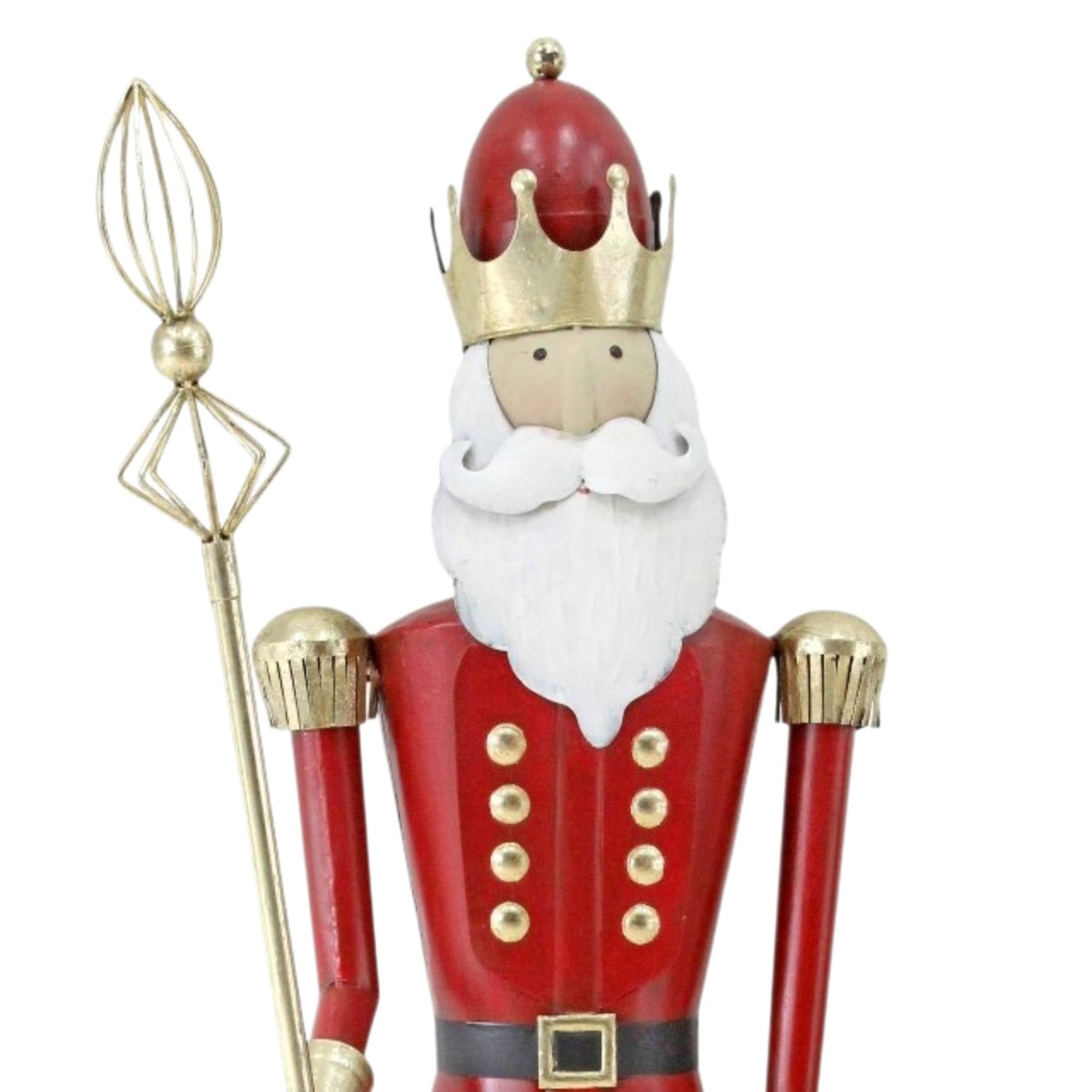 Close-up of the king figurine’s crown, beard, coat buttons, and staff against white.
