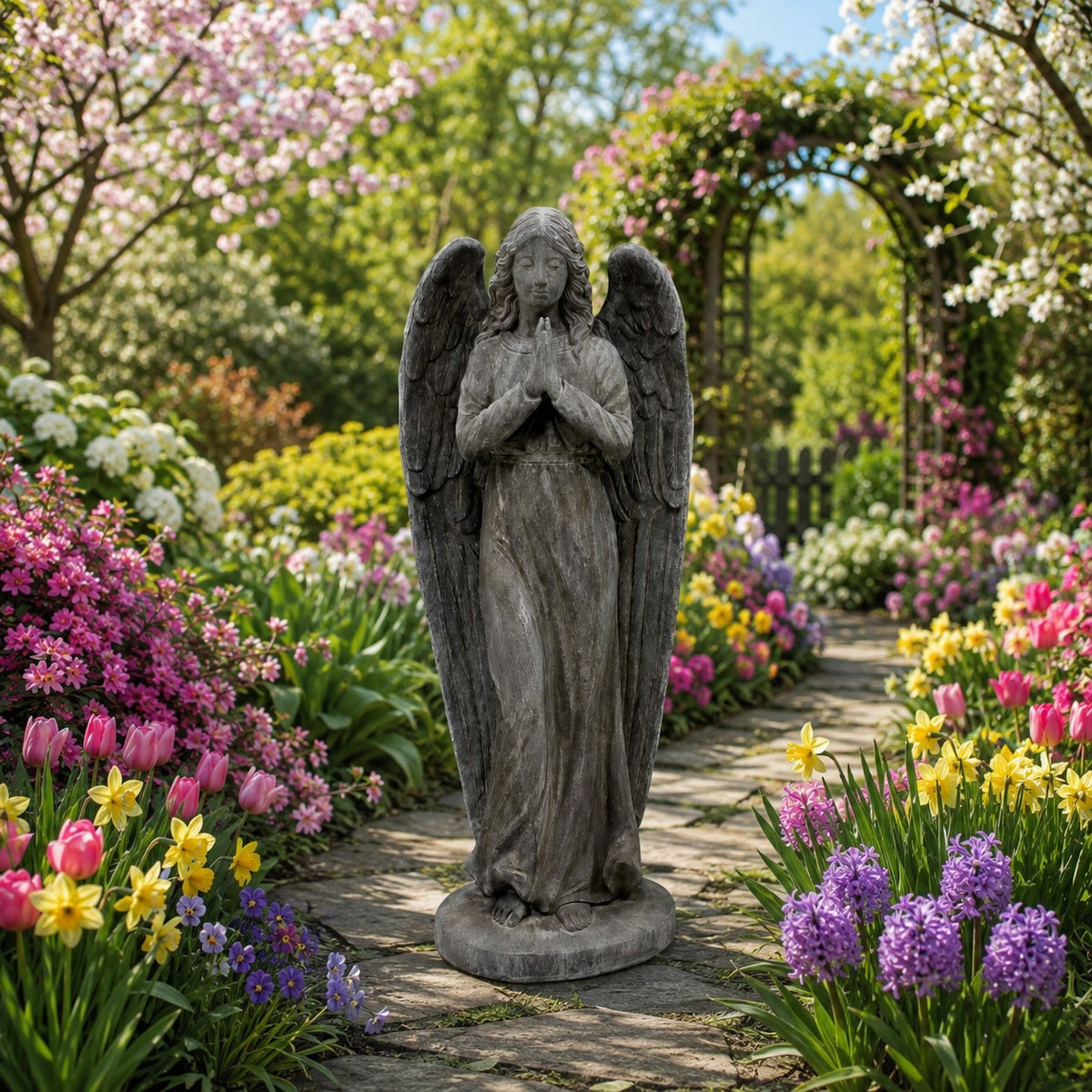 Gray angel statue stands on a stone path amid colorful flowers and greenery.