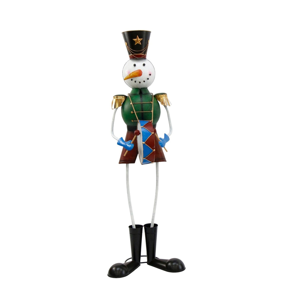 A metal snowman soldier in a green uniform and tall black hat stands against a white background.