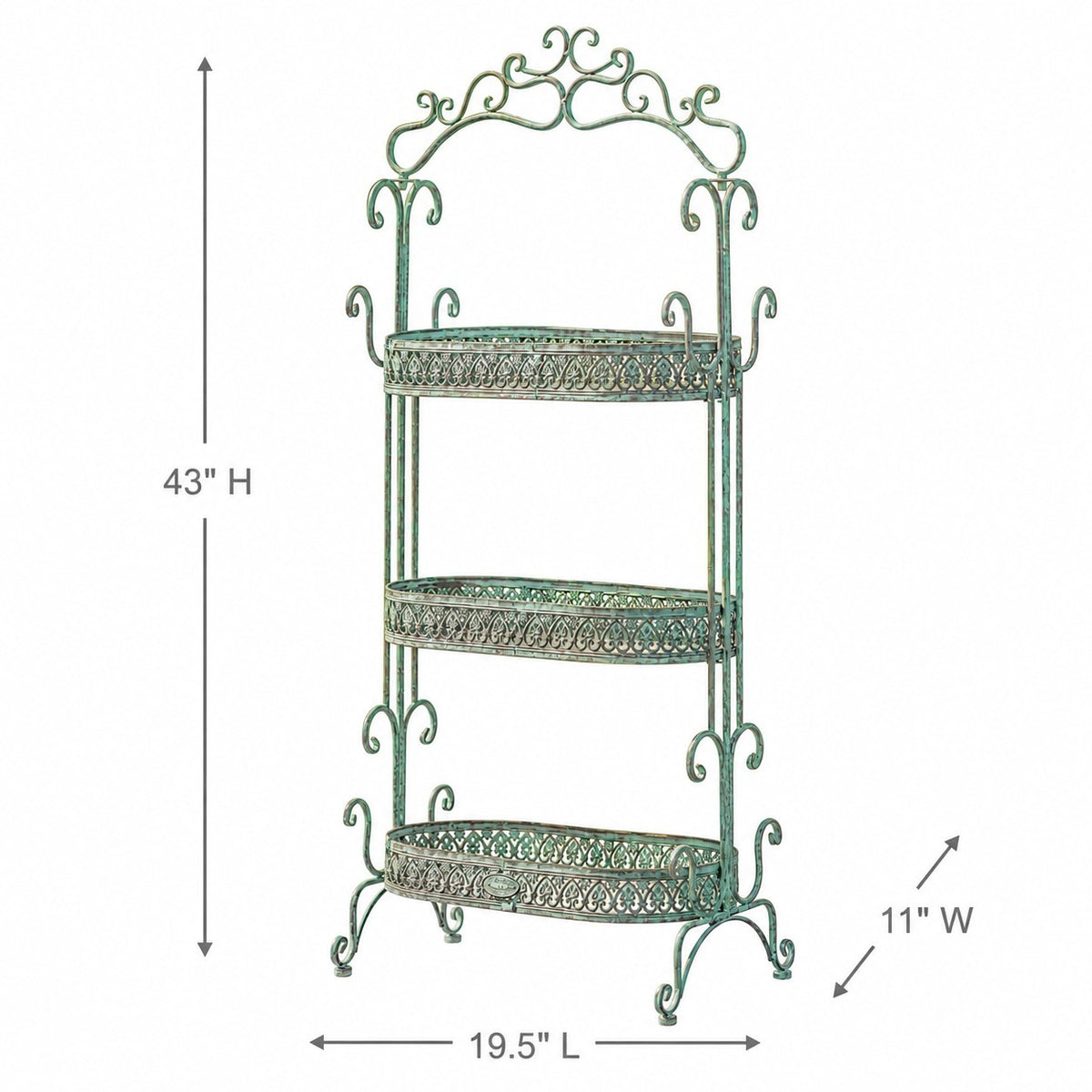 Line diagram of the three-tier iron stand with arrows marking its height, width, and length.