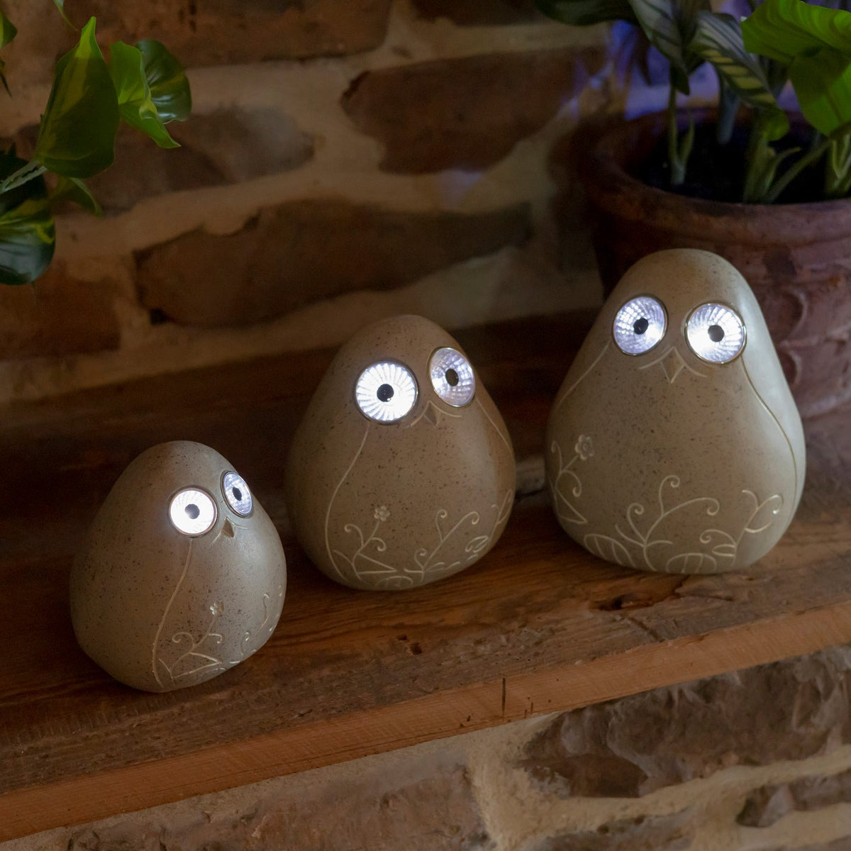 Three bird ornaments sit on a rustic shelf in a dim room, their eyes glowing brightly.