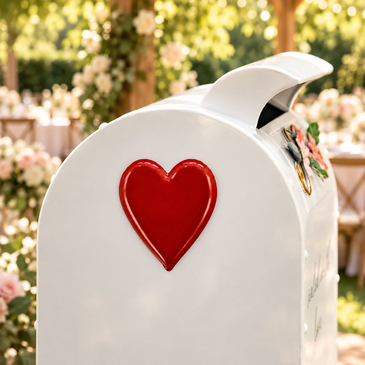 Side view close-up of a red heart detail on the glossy white mailbox
