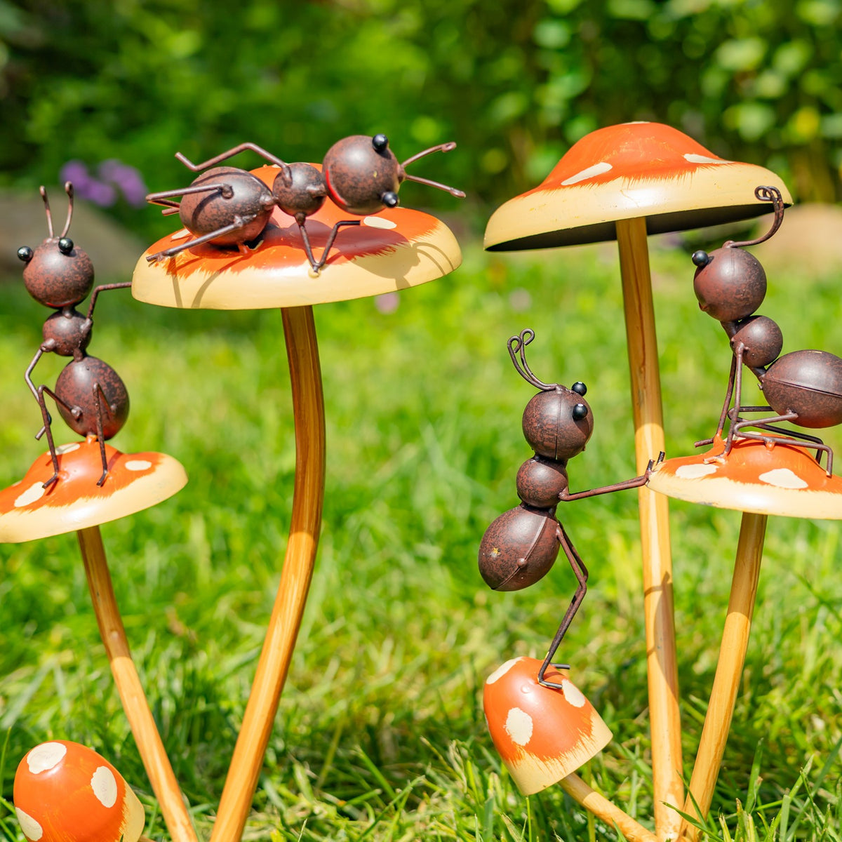 Set of 6 Assorted Funny Ants on Iron Mushroom Garden Stakes