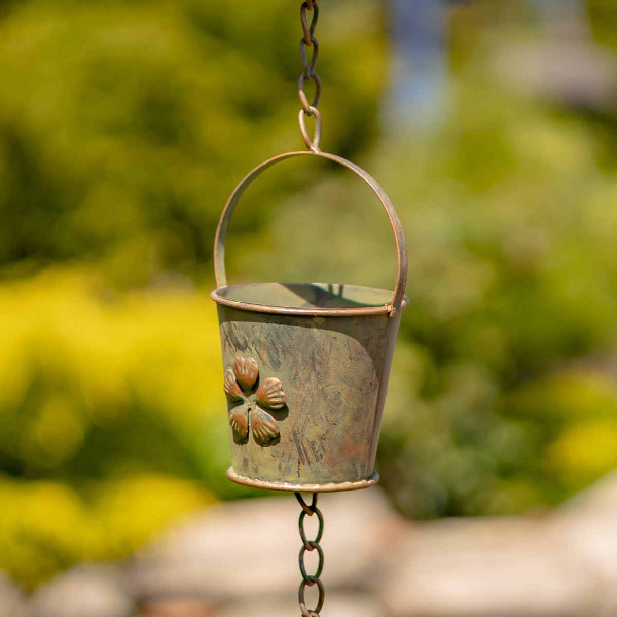 78" Long Iron Bucket Rain Chain in Antique Copper