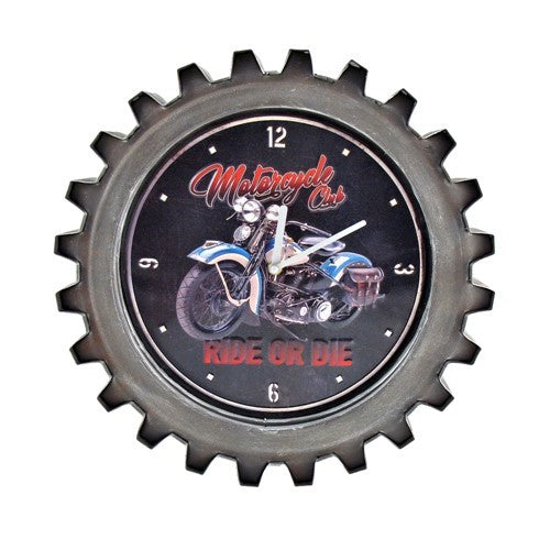 Round gear-shaped wall clock with a motorcycle illustration, set against a dark dial.