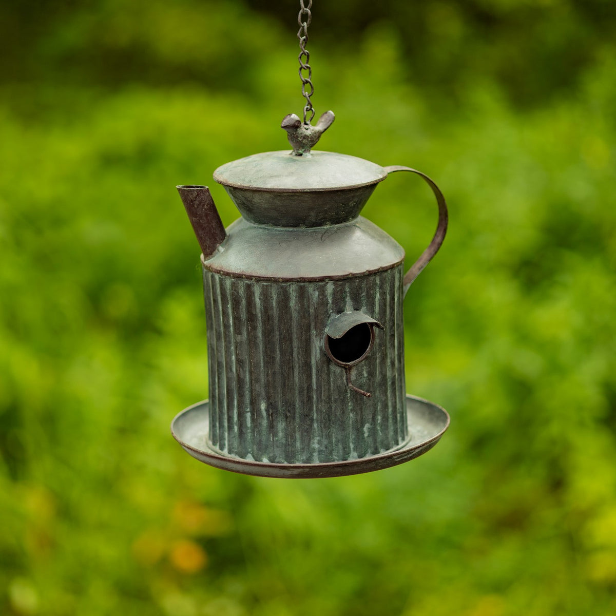 Ribbed metal teapot-shaped birdhouse hanging by a chain, with a round entrance and saucer base.
