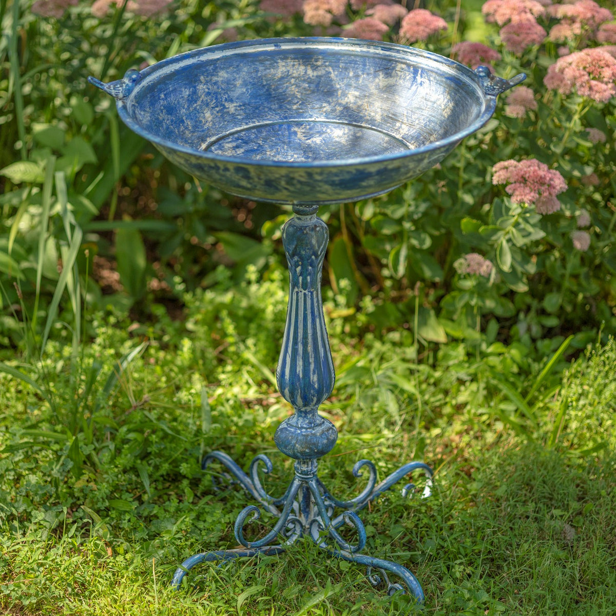 Ornate blue pedestal birdbath with a wide bowl and curled feet standing among garden plants.