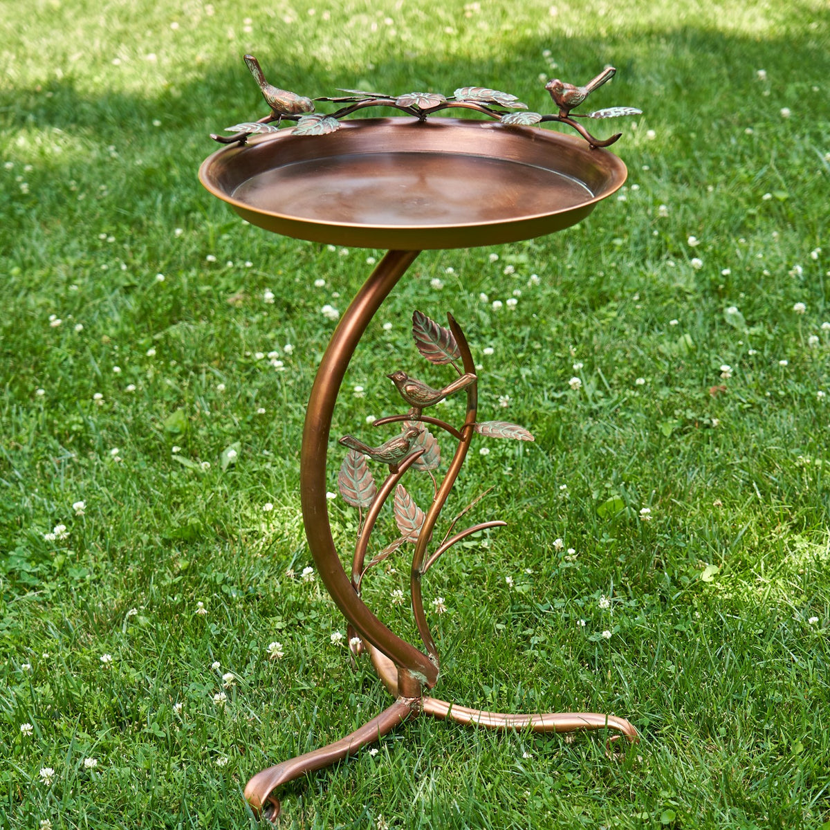 The birdbath stands on curled feet in a lawn, showing its curved support and branch-and-bird details.