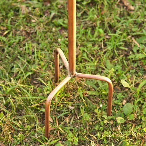 Three curved metal prongs at the base of the birdhouse stake in grass.