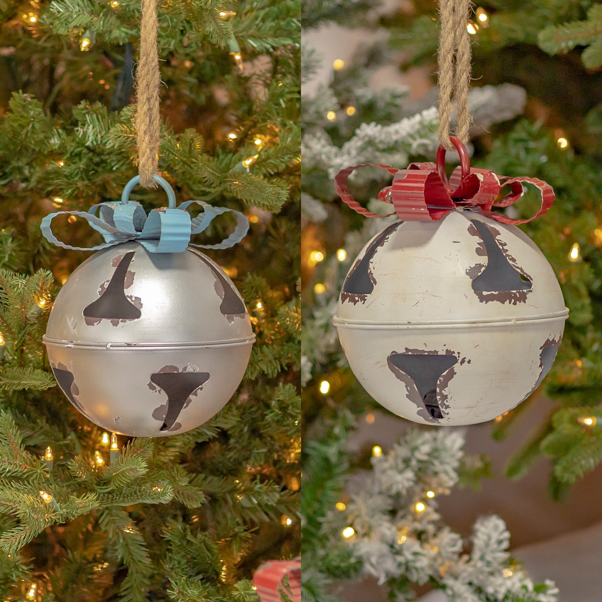 Silver and distressed cream hanging bells with decorative cutouts