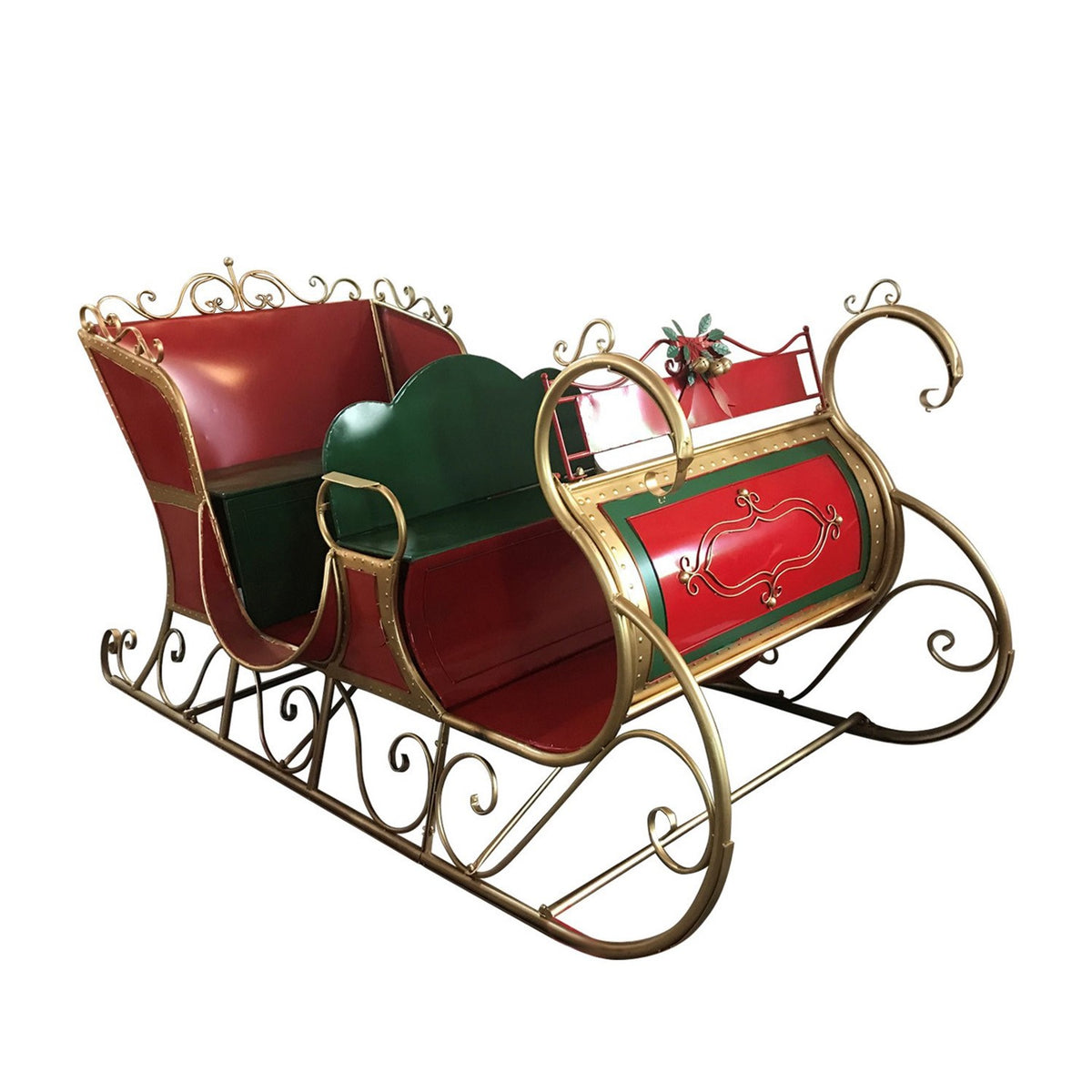 Ornate red and green sleigh shown alone from a front-side angle on white