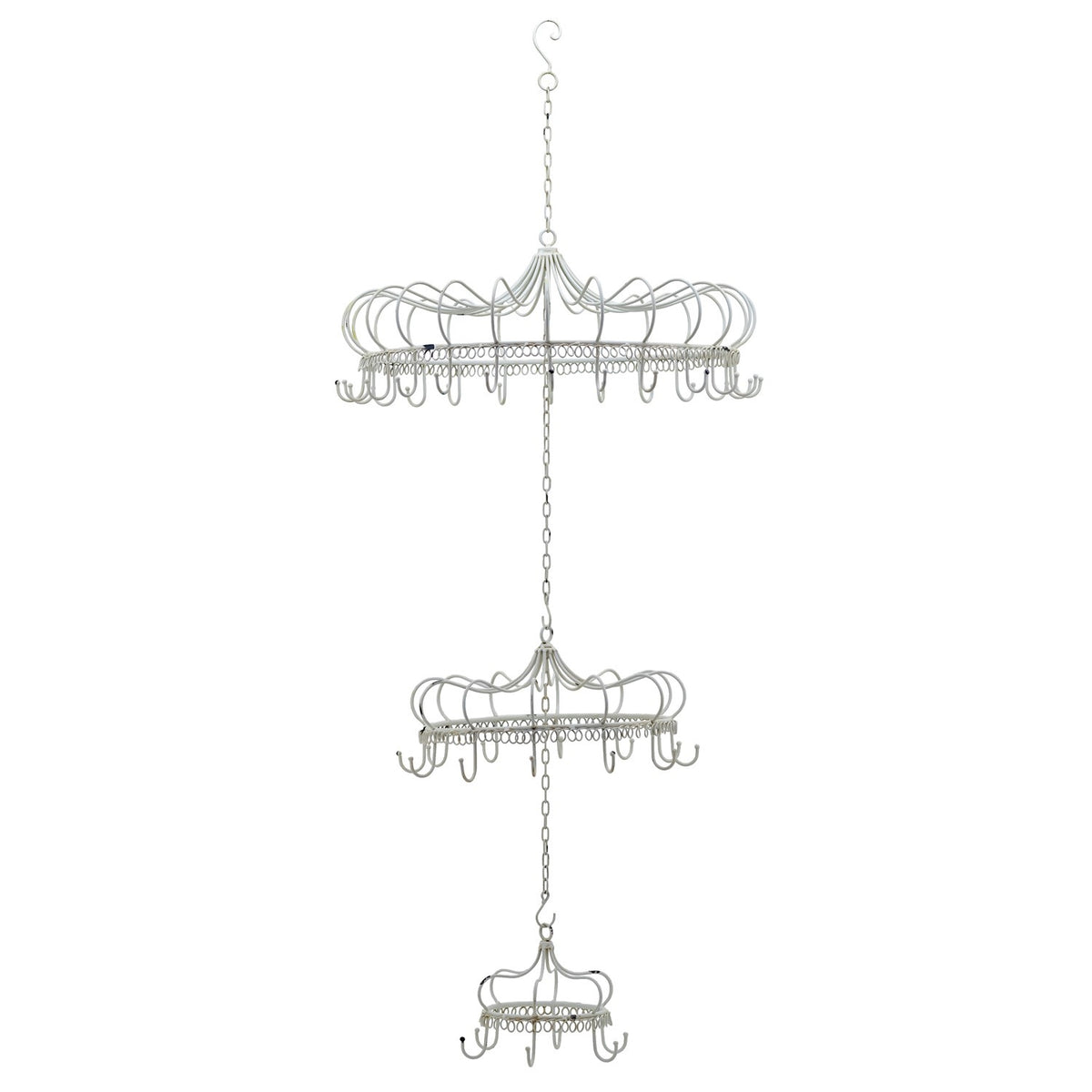 Three-tier white metal display chandelier with curved arms, hanging chain and rows of hooks.