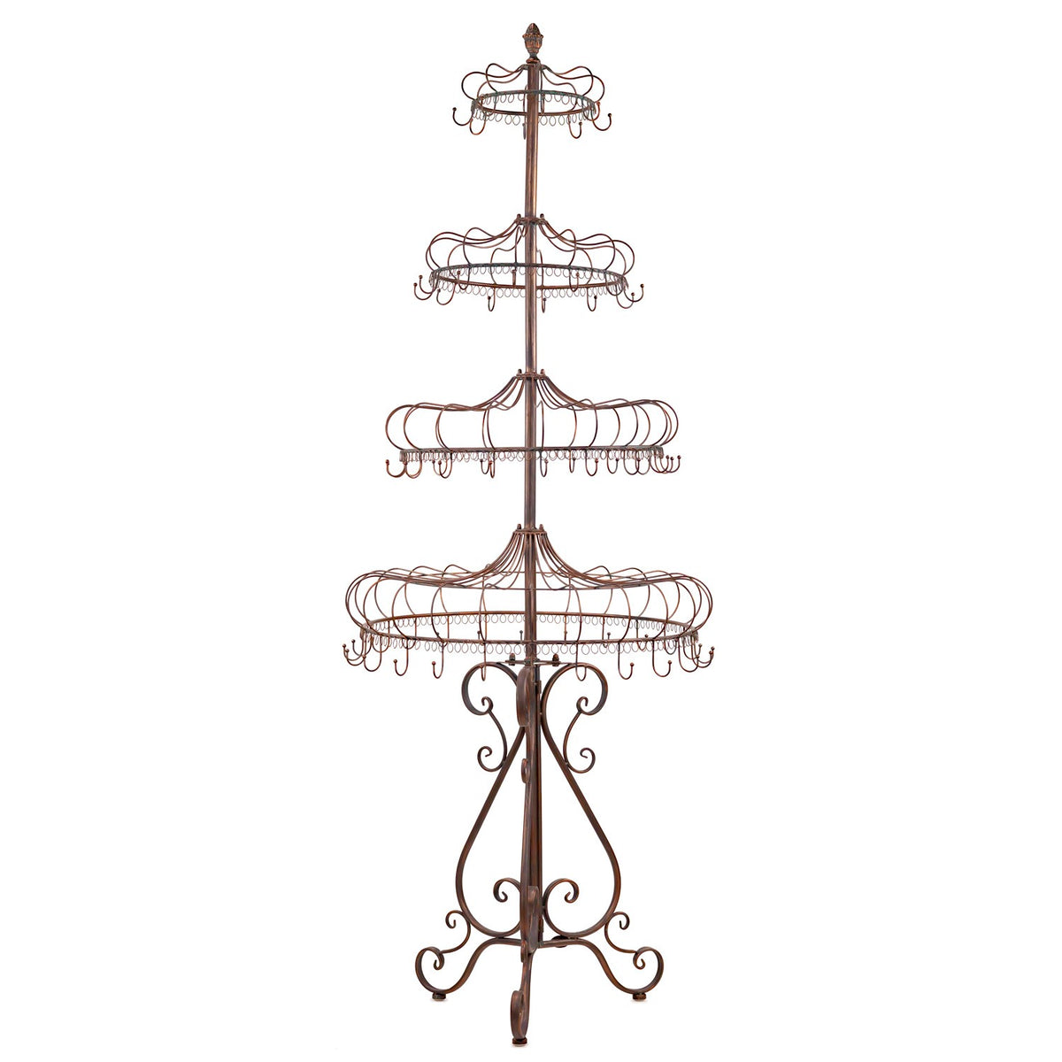 Antique bronze tiered metal display stand with curved hooks and an ornate scrollwork base.