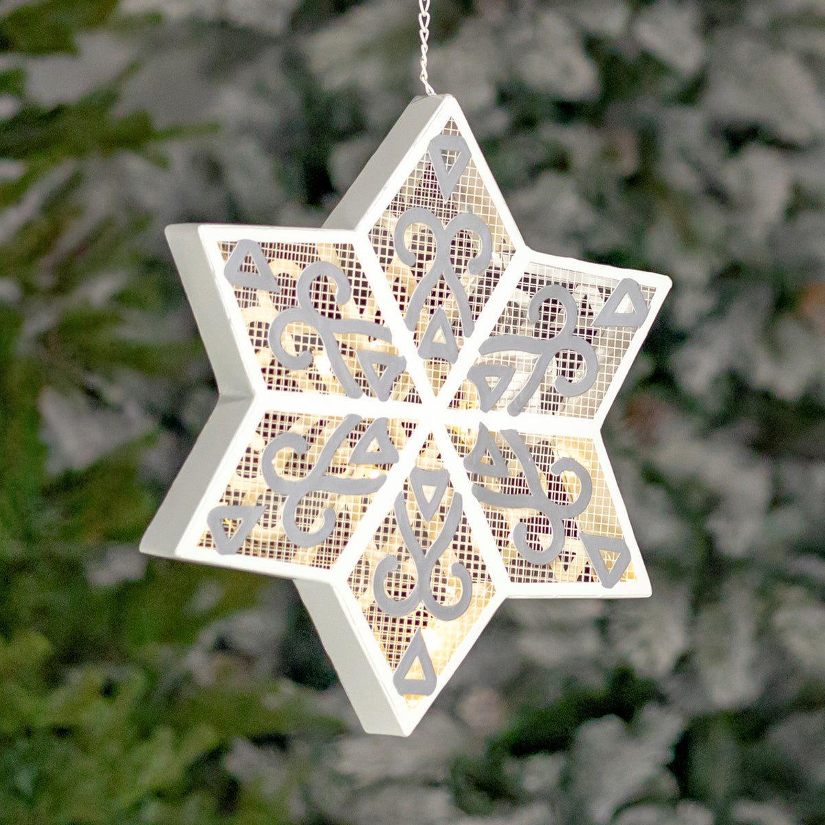 Front close-up of a white-framed six-point snowflake with illuminated mesh