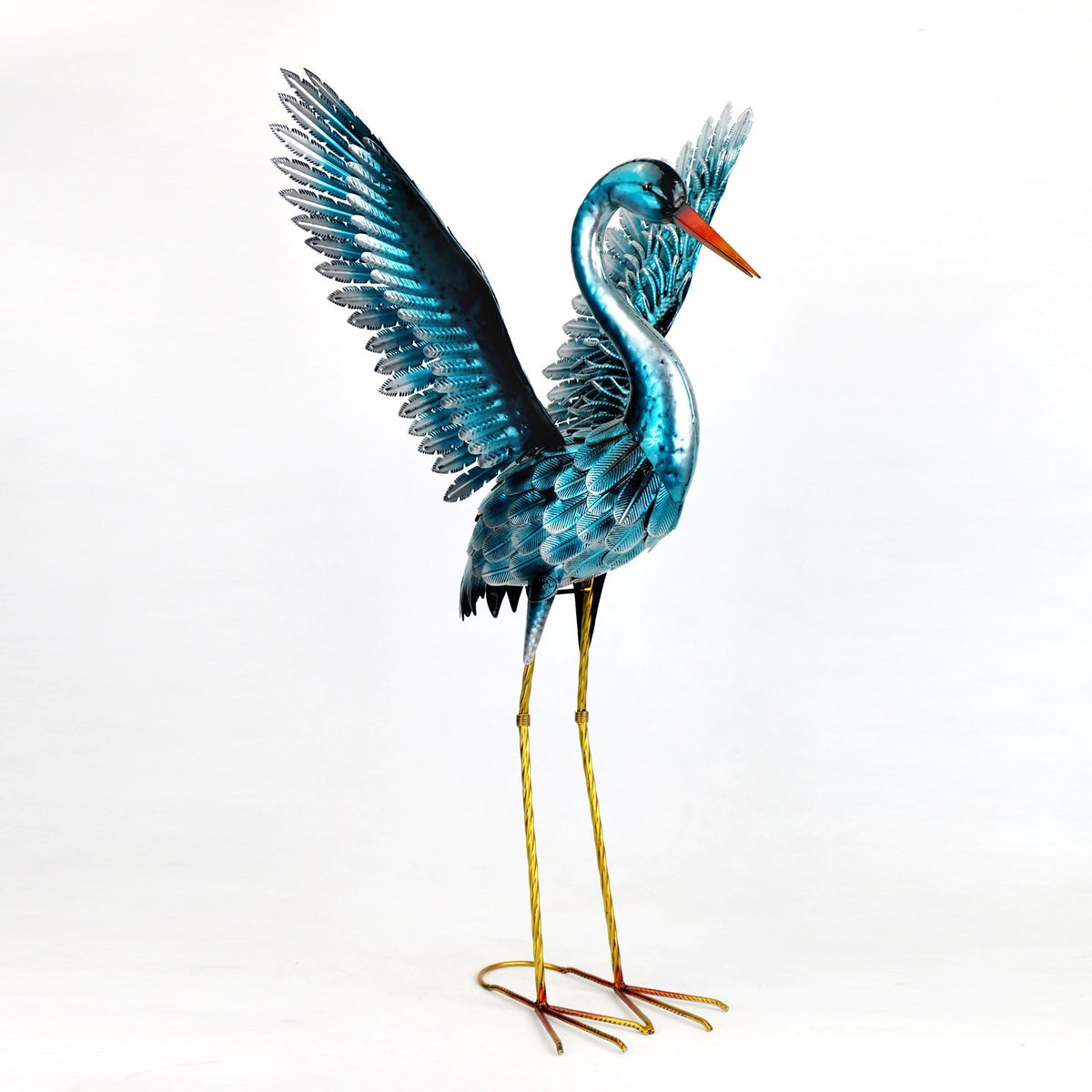 Single blue-green crane figurine with raised wing against a white background
