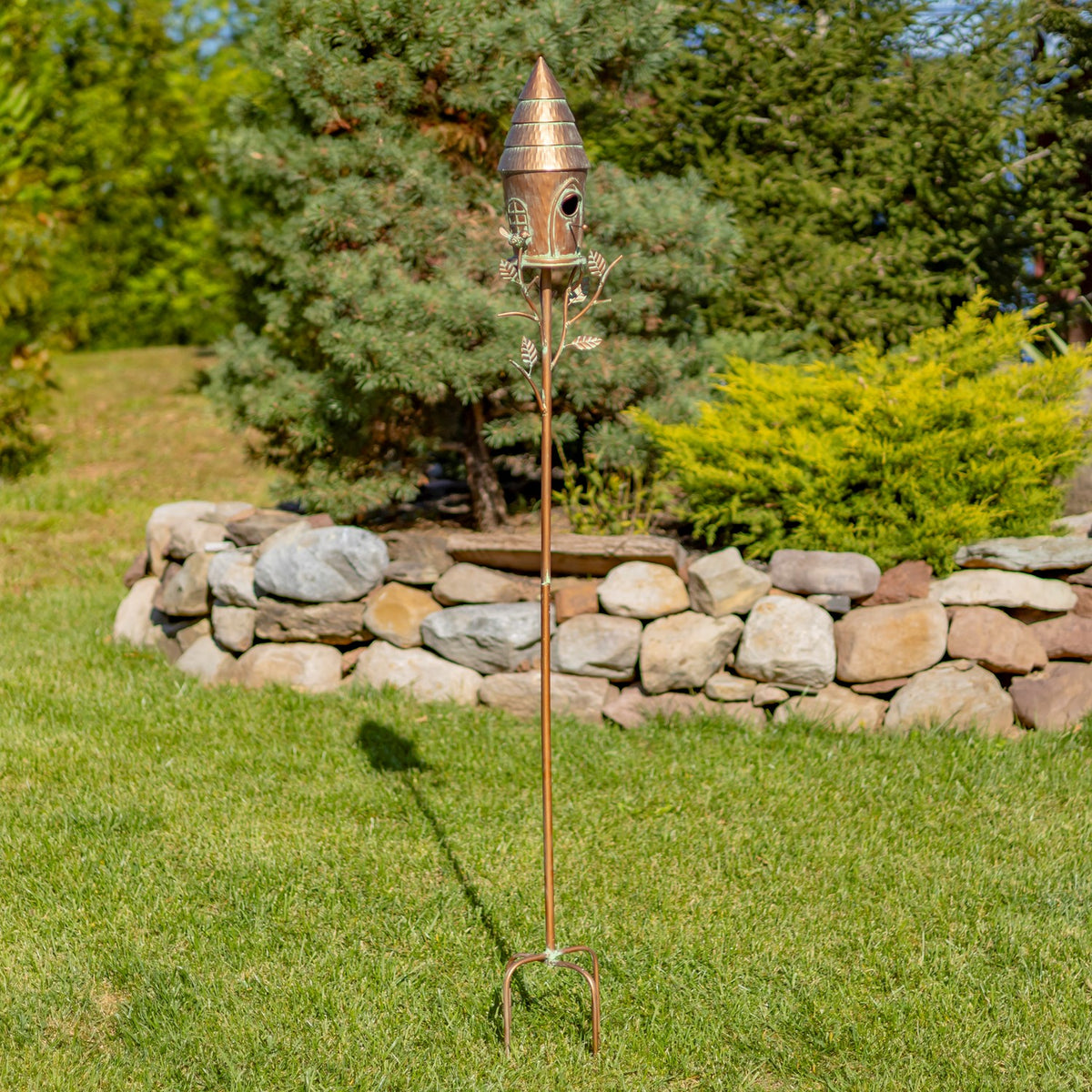 Full copper birdhouse stake and four-prong base shown on a lawn