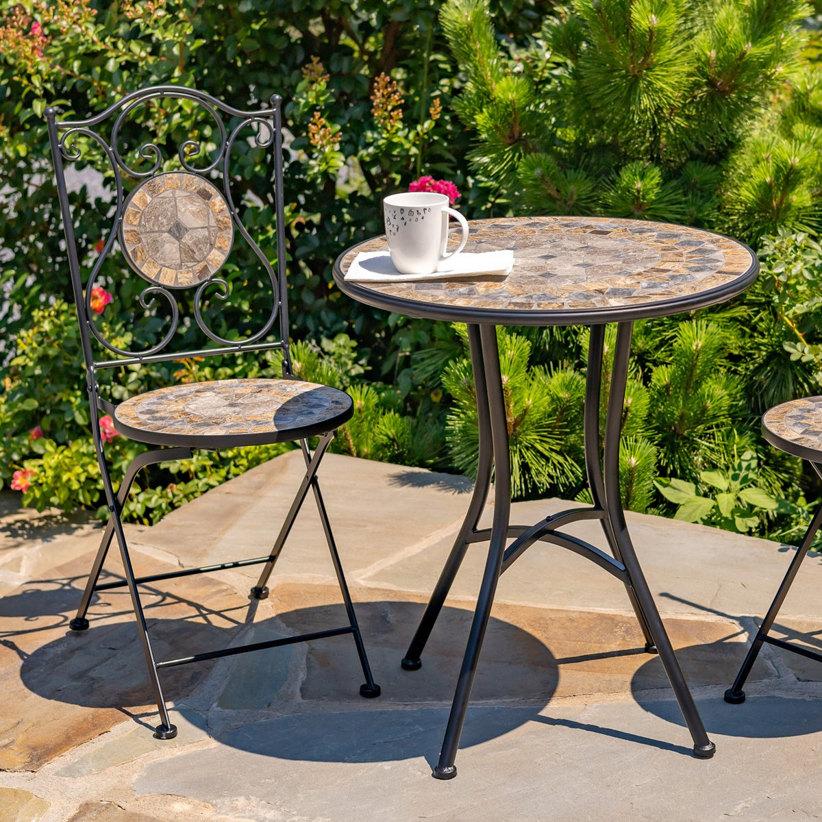 "St. Augustine" Three Piece Mosaic Bistro Set - Stone Grey & Brown