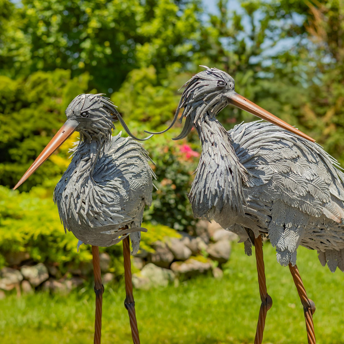 Set of 2 Great Blue Heron Metal Outdoor Figurines