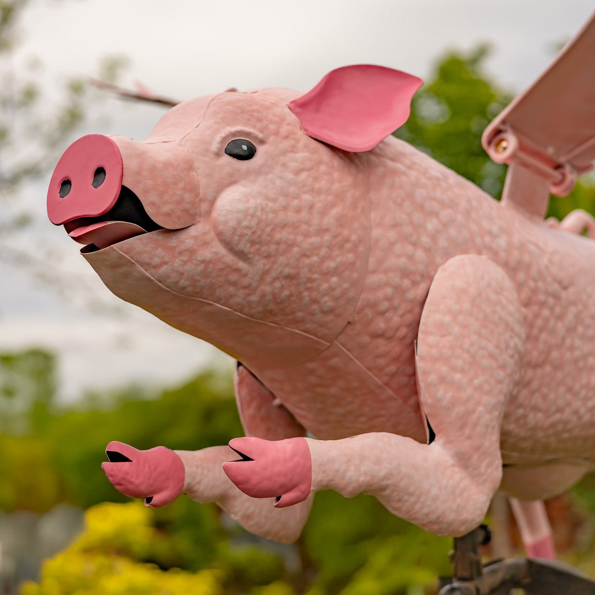 Close-up of the pink pig's face and front legs against greenery