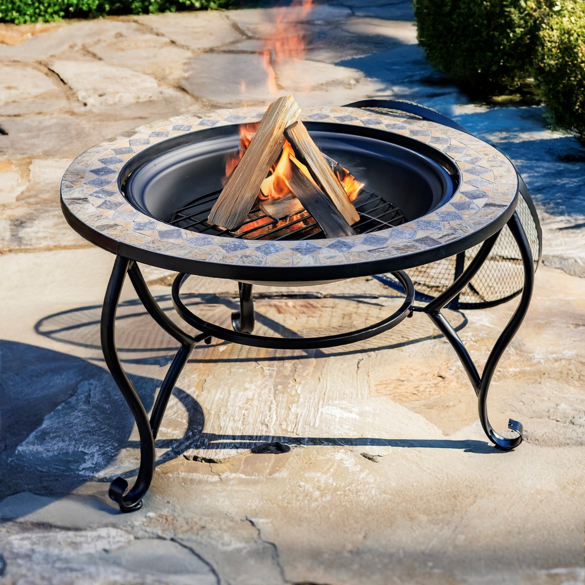 32.6"d. Round Mosaic Tile Metal Fire Pit "Aspen" "Medora"