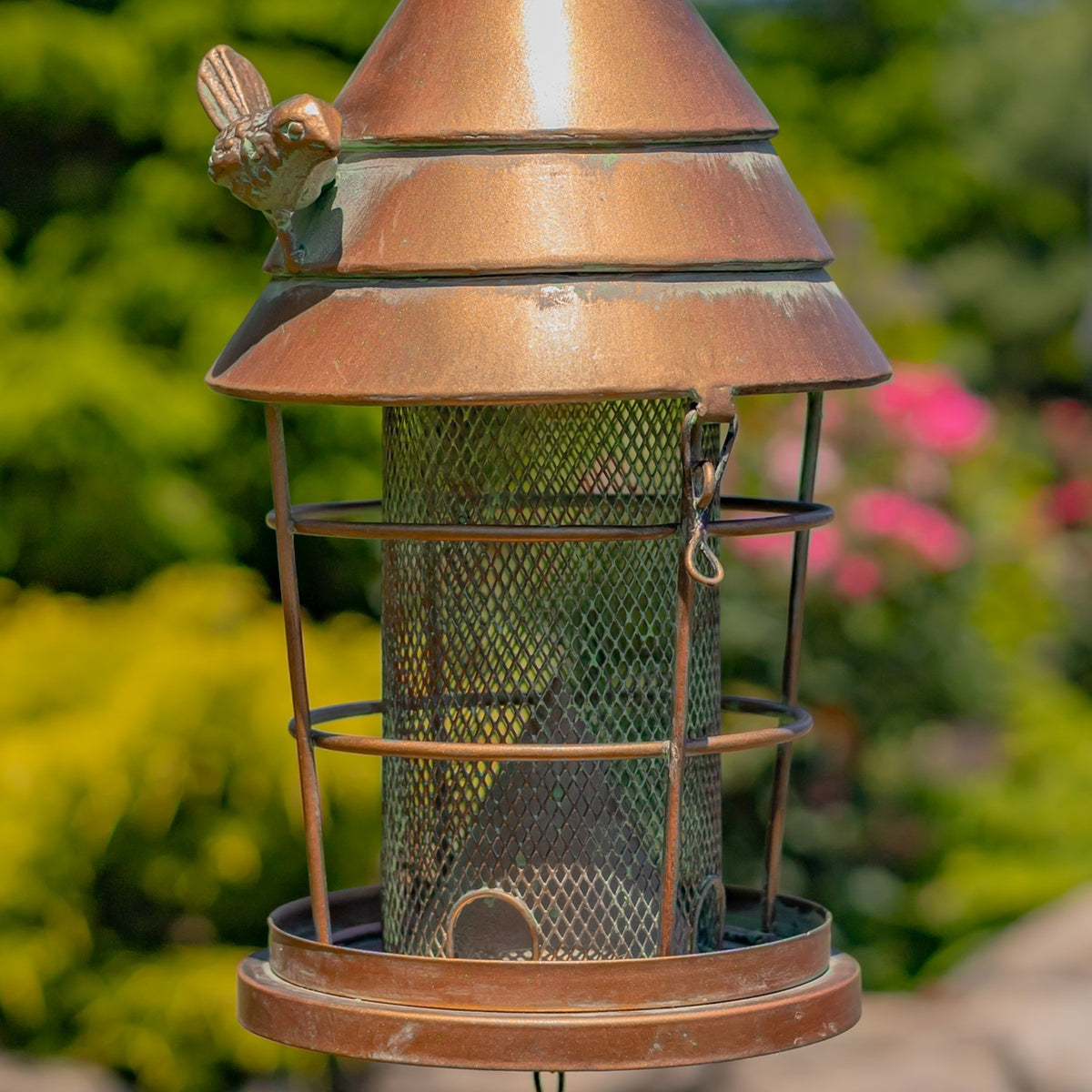 Close-up of the mesh seed cylinder and circular frame beneath the feeder roof